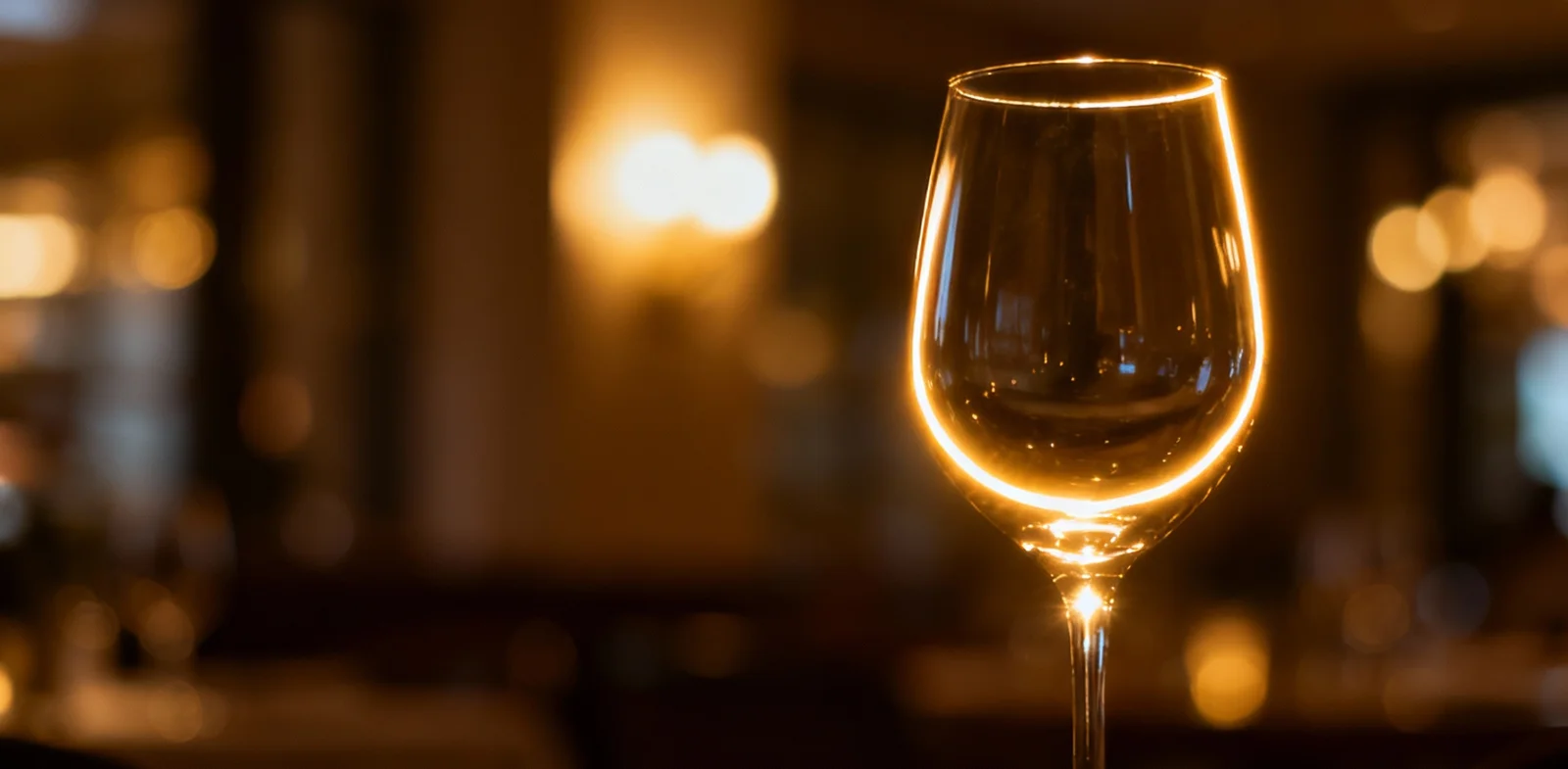 A backlit wine glass in a warmly lit dining room after dark